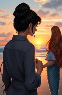 A woman with black hair styled in a high bun, wearing a button-up shirt, stands next to a mermaid with long, reddish hair