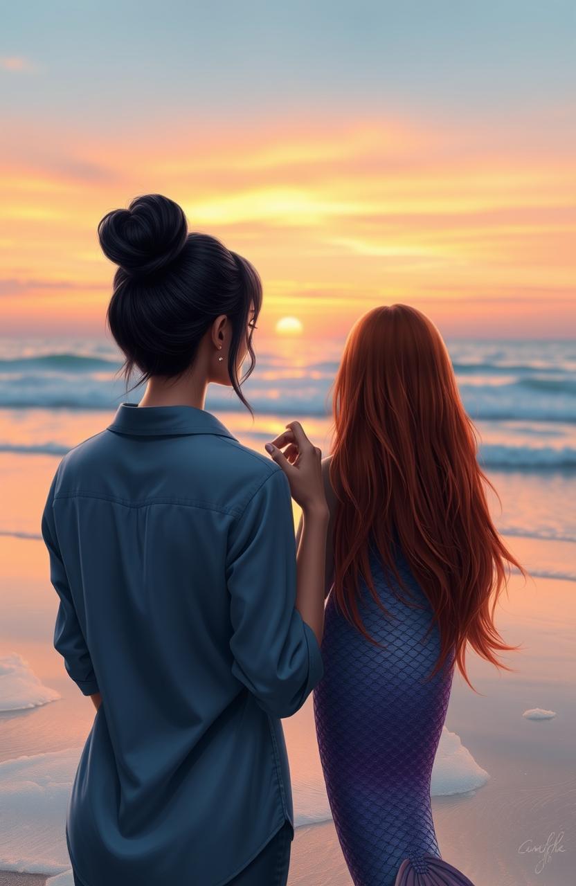A woman with black hair styled in a high bun, wearing a button-up shirt, stands next to a mermaid with long, reddish hair