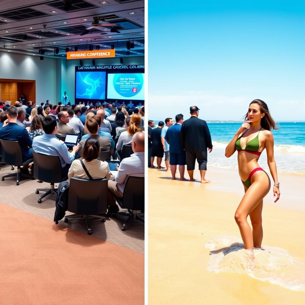 A high-profile medical conference setting with a diverse group of professionals discussing innovative topics