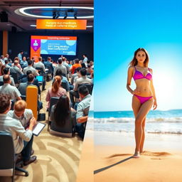 A high-profile medical conference setting with a diverse group of professionals discussing innovative topics