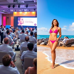 A high-profile medical conference setting with a diverse group of professionals discussing innovative topics