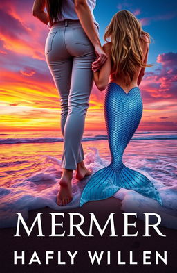 A captivating novel cover featuring a stunning beach landscape at sunset, with vibrant oranges, pinks, and purples in the sky