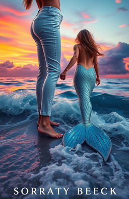 A captivating novel cover featuring a stunning beach landscape at sunset, with vibrant oranges, pinks, and purples in the sky