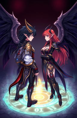 Anime style illustration of a young adult male with dark hair and a female with auburn hair, both featuring striking demon horns and majestic wings