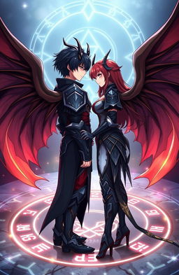 Anime style illustration of a young adult male with dark hair and a female with auburn hair, both featuring striking demon horns and majestic wings