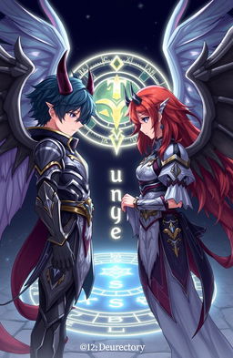 Anime style illustration of a young adult male with dark hair and a female with auburn hair, both featuring striking demon horns and majestic wings