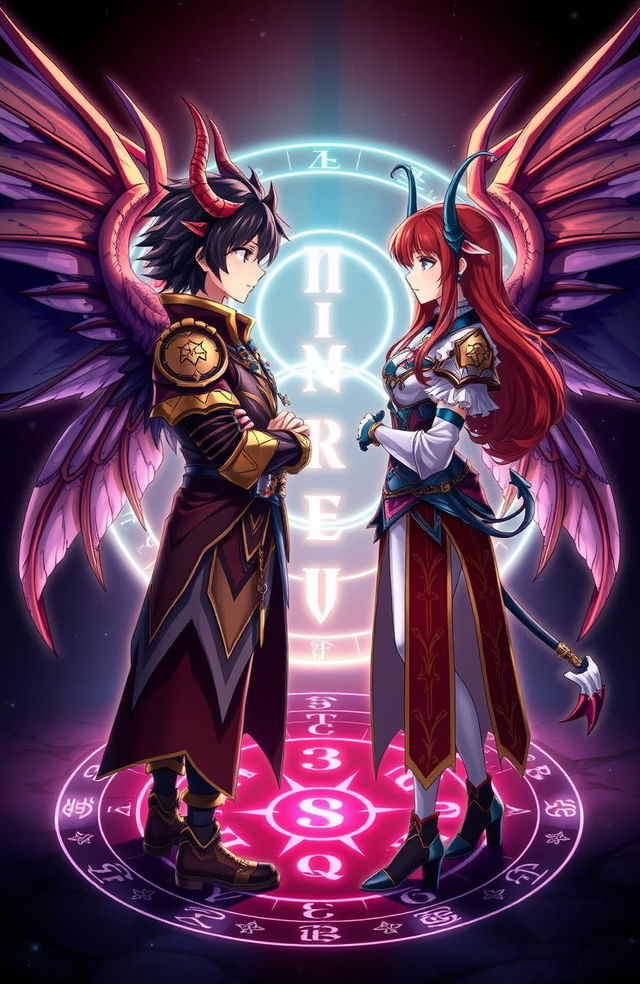 Anime style illustration of a young adult male with dark hair and a female with auburn hair, both featuring striking demon horns and majestic wings