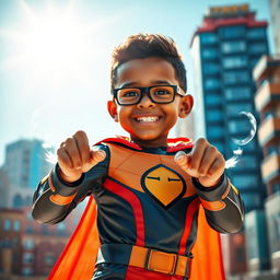 A cool young boy with brown skin showcasing impressive powers, dressed in a stylish superhero costume with a vibrant color scheme