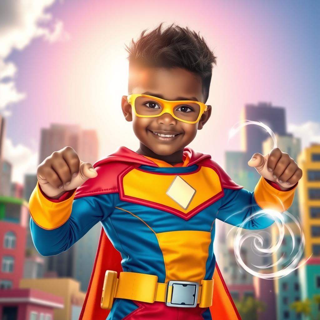 A cool young boy with brown skin showcasing impressive powers, dressed in a stylish superhero costume with a vibrant color scheme