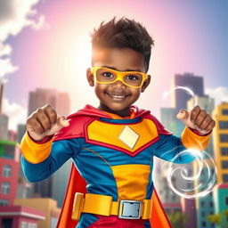 A cool young boy with brown skin showcasing impressive powers, dressed in a stylish superhero costume with a vibrant color scheme