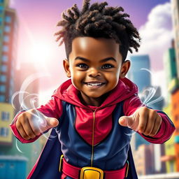 A cool young boy with brown skin showcasing impressive powers, dressed in a stylish superhero costume with a vibrant color scheme