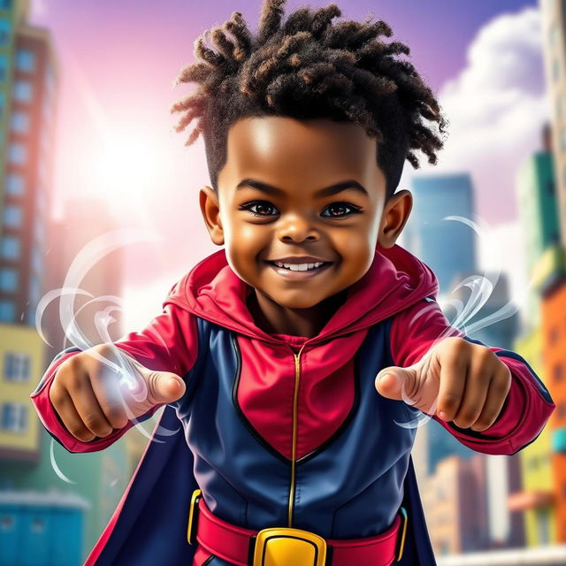 A cool young boy with brown skin showcasing impressive powers, dressed in a stylish superhero costume with a vibrant color scheme