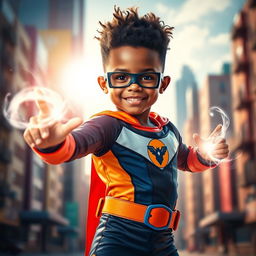 A cool young boy with brown skin showcasing impressive powers, dressed in a stylish superhero costume with a vibrant color scheme