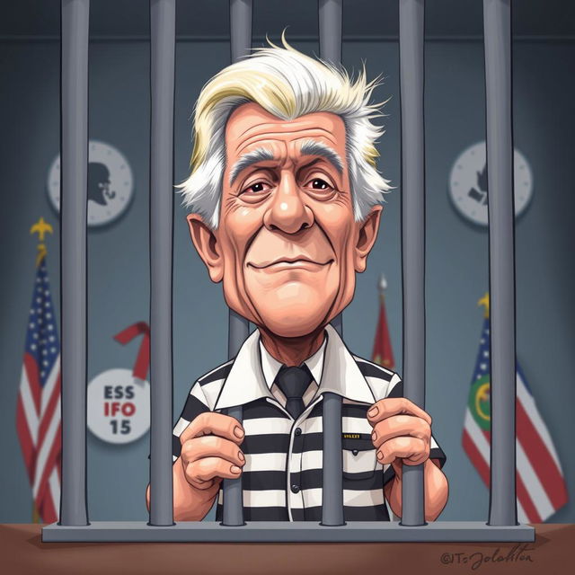 A political satire illustration featuring a caricature of a former president, depicted humorously and exaggeratedly in a jail cell