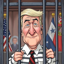 A political satire illustration featuring a caricature of a former president, depicted humorously and exaggeratedly in a jail cell