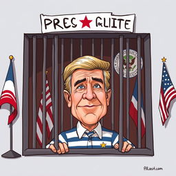 A political satire illustration featuring a caricature of a former president, depicted humorously and exaggeratedly in a jail cell
