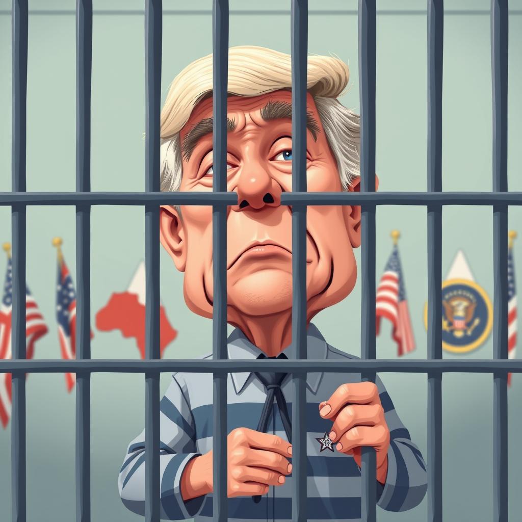 A political satire illustration featuring a caricature of a former president, depicted humorously and exaggeratedly in a jail cell