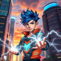 An 18-year-old boy with cool powers, showcasing a blend of superhuman abilities, surrounded by a vibrant urban landscape