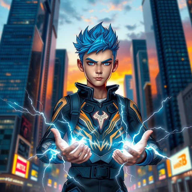 An 18-year-old boy with cool powers, showcasing a blend of superhuman abilities, surrounded by a vibrant urban landscape