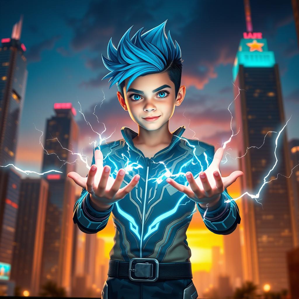 An 18-year-old boy with cool powers, showcasing a blend of superhuman abilities, surrounded by a vibrant urban landscape