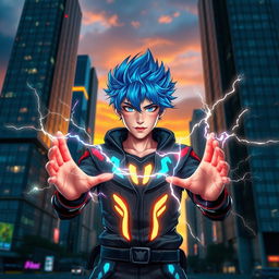 An 18-year-old boy with cool powers, showcasing a blend of superhuman abilities, surrounded by a vibrant urban landscape