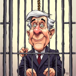 A politically charged illustration showing a former president caricatured in a jail cell