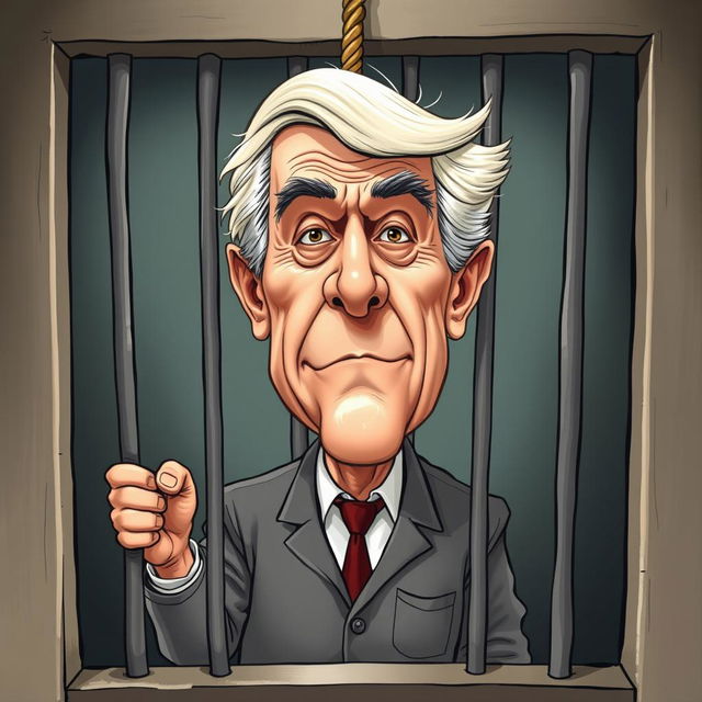 A politically charged illustration showing a former president caricatured in a jail cell