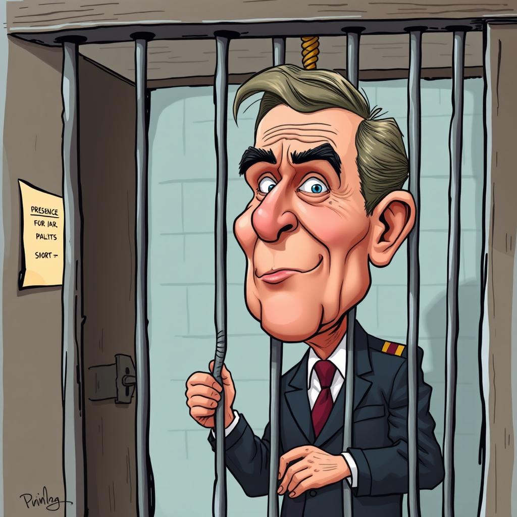 A politically charged illustration showing a former president caricatured in a jail cell