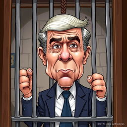 A politically charged illustration showing a former president caricatured in a jail cell