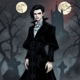 A captivating vampire character design for a gothic novel cover, featuring a tall, elegant figure dressed in a flowing, dark velvet cape adorned with intricate silver patterns