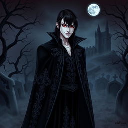 A captivating vampire character design for a gothic novel cover, featuring a tall, elegant figure dressed in a flowing, dark velvet cape adorned with intricate silver patterns