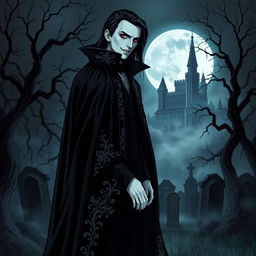 A captivating vampire character design for a gothic novel cover, featuring a tall, elegant figure dressed in a flowing, dark velvet cape adorned with intricate silver patterns