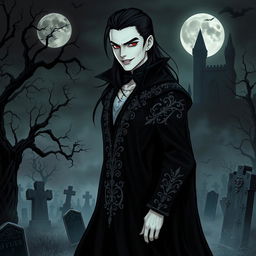 A captivating vampire character design for a gothic novel cover, featuring a tall, elegant figure dressed in a flowing, dark velvet cape adorned with intricate silver patterns