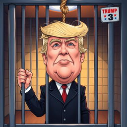 An exaggerated political caricature of Donald Trump as a satirical representation in a jail cell