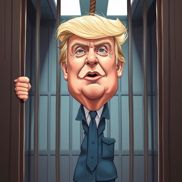 An exaggerated political caricature of Donald Trump as a satirical representation in a jail cell