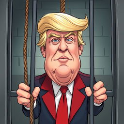 An exaggerated political caricature of Donald Trump as a satirical representation in a jail cell
