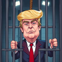 An exaggerated political caricature of Donald Trump as a satirical representation in a jail cell