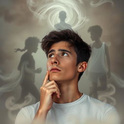 A contemplative scene featuring an 18-year-old young man, deeply engrossed in thought as he faces a swirling, dreamlike representation of his past lives