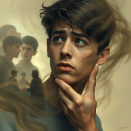 A contemplative scene featuring an 18-year-old young man, deeply engrossed in thought as he faces a swirling, dreamlike representation of his past lives