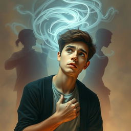 A contemplative scene featuring an 18-year-old young man, deeply engrossed in thought as he faces a swirling, dreamlike representation of his past lives