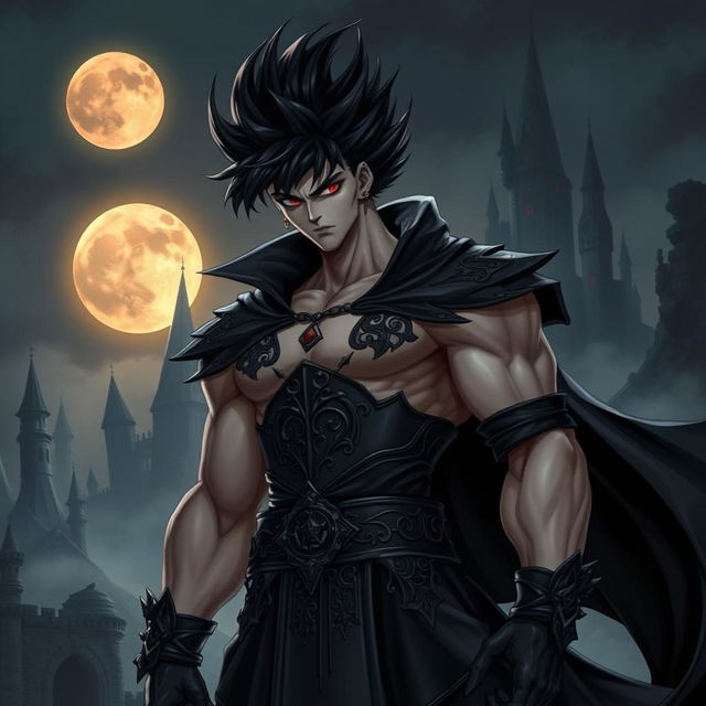 A striking character design of a vampire Goku, depicting a muscular, tall male figure with spiky black hair in a wild, untamed style