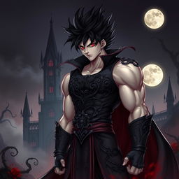 A striking character design of a vampire Goku, depicting a muscular, tall male figure with spiky black hair in a wild, untamed style