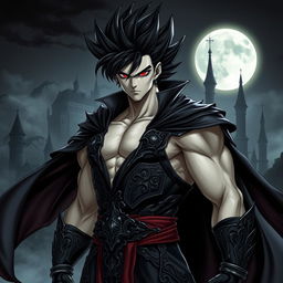 A striking character design of a vampire Goku, depicting a muscular, tall male figure with spiky black hair in a wild, untamed style
