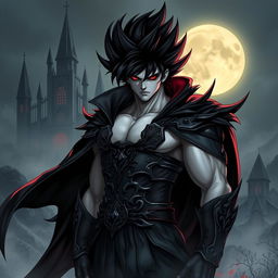 A striking character design of a vampire Goku, depicting a muscular, tall male figure with spiky black hair in a wild, untamed style