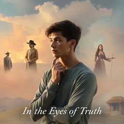 A young man, 18 years old, stands thoughtfully in a surreal landscape, reflecting on his past lives