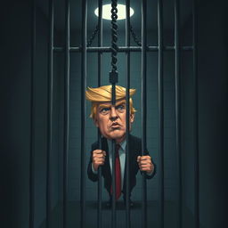 A surreal and dramatic artwork depicting a fictional scene in a jail cell with a stylized representation of Donald Trump