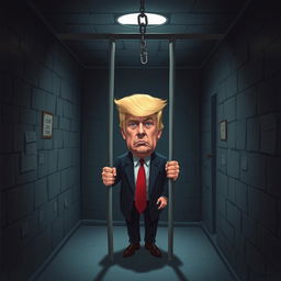 A surreal and dramatic artwork depicting a fictional scene in a jail cell with a stylized representation of Donald Trump