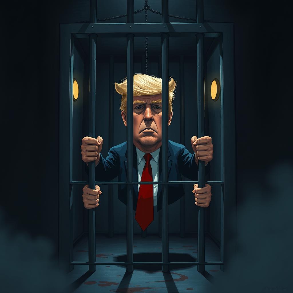 A surreal and dramatic artwork depicting a fictional scene in a jail cell with a stylized representation of Donald Trump