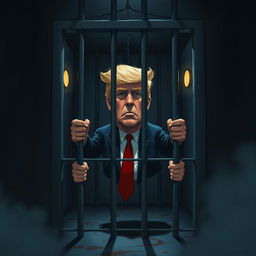 A surreal and dramatic artwork depicting a fictional scene in a jail cell with a stylized representation of Donald Trump