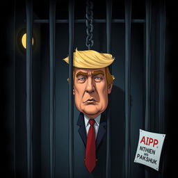 A surreal and dramatic artwork depicting a fictional scene in a jail cell with a stylized representation of Donald Trump
